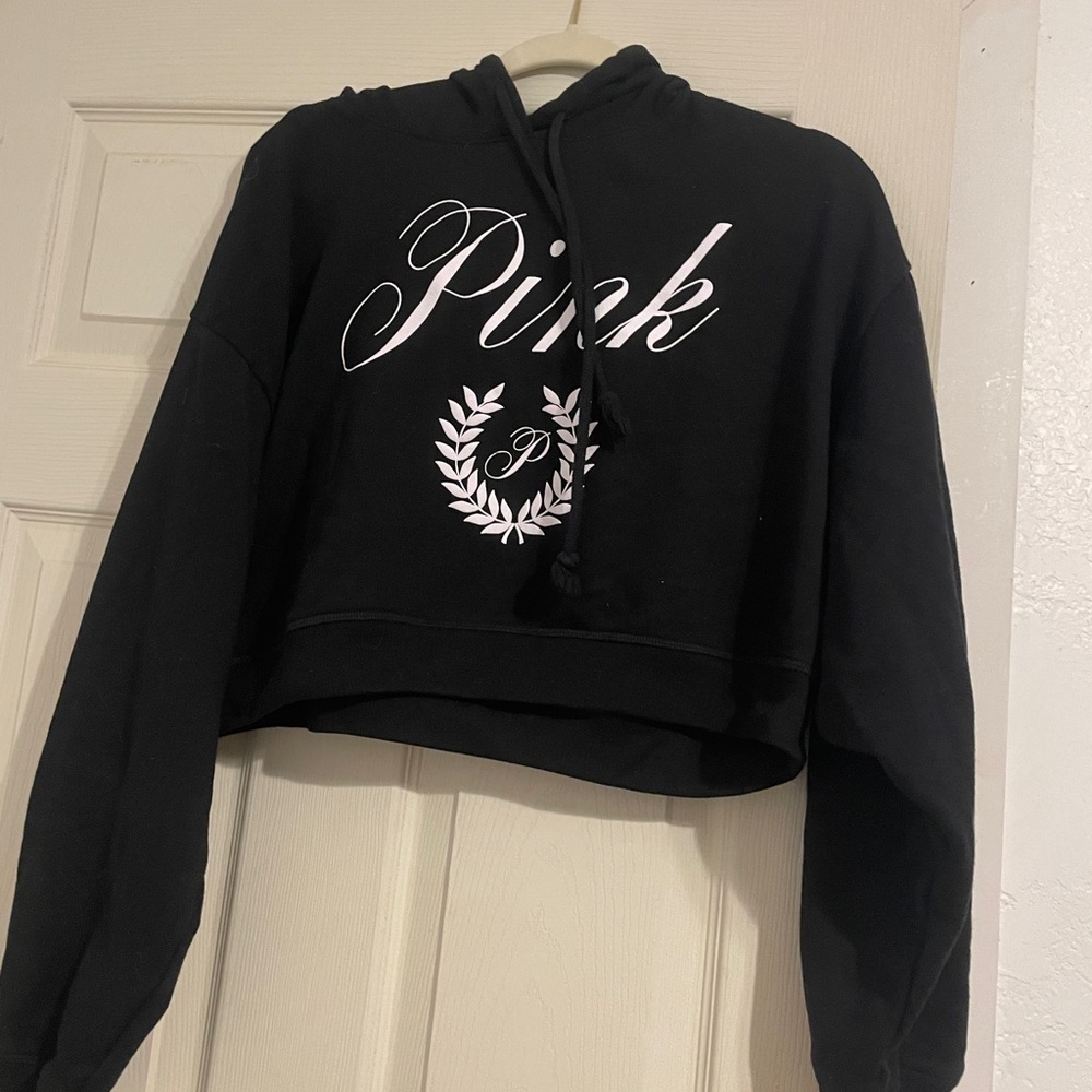 PINK Victoria's Secret Black Cropped Hoodie with White Emblem